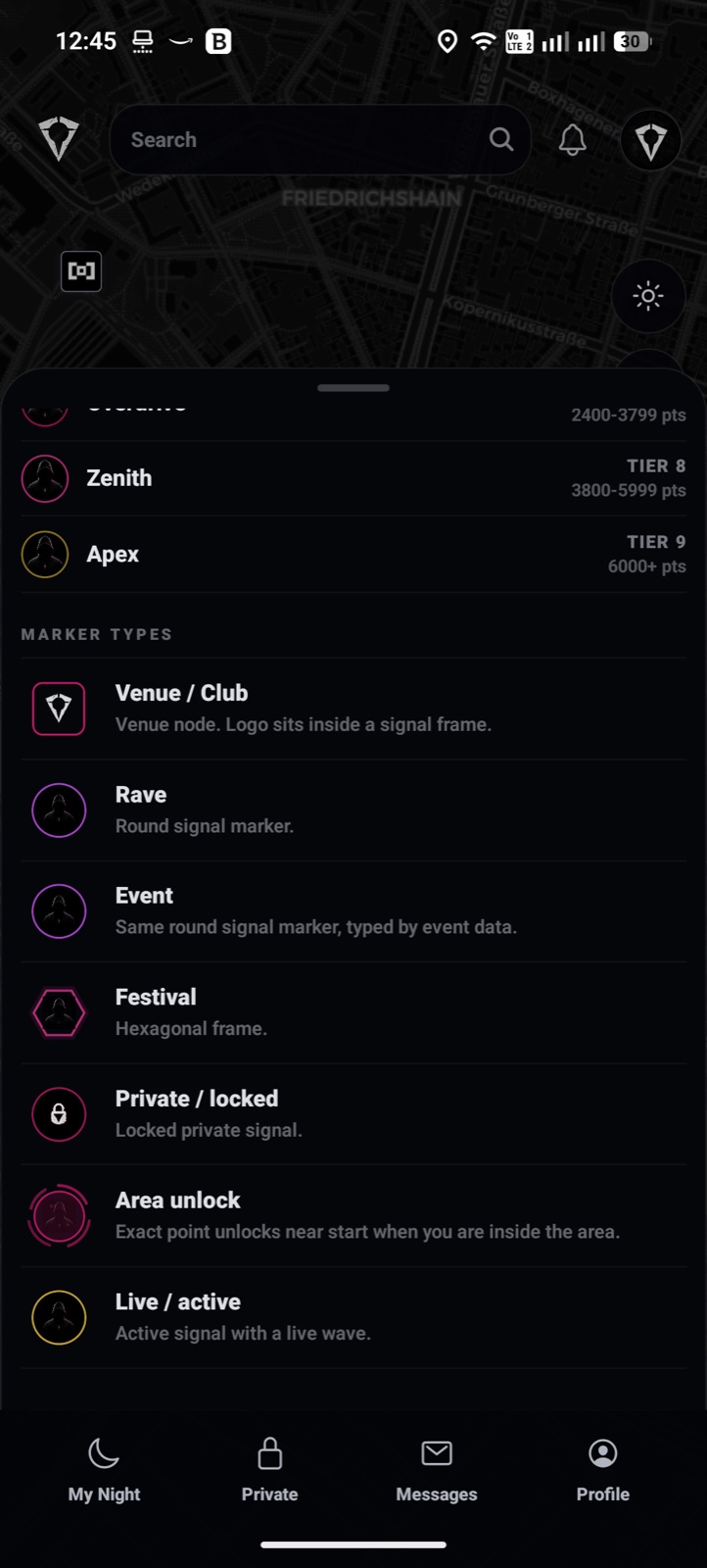 Legend for venue, event, festival, private and live markers
