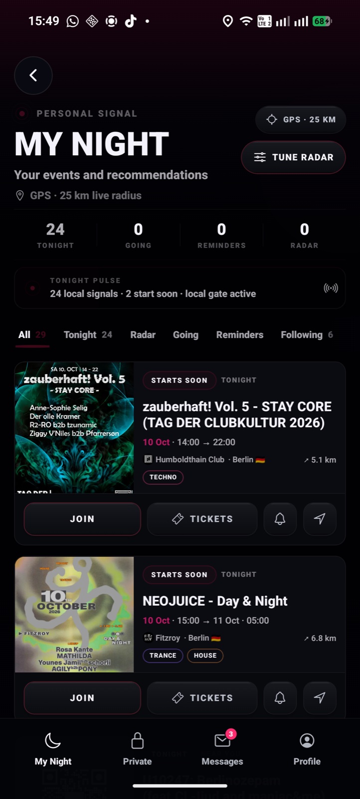 My Night with saved events, plans and radar recommendations