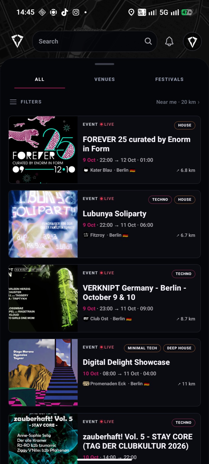 Nearby event results in Berlin, with music tags and distances