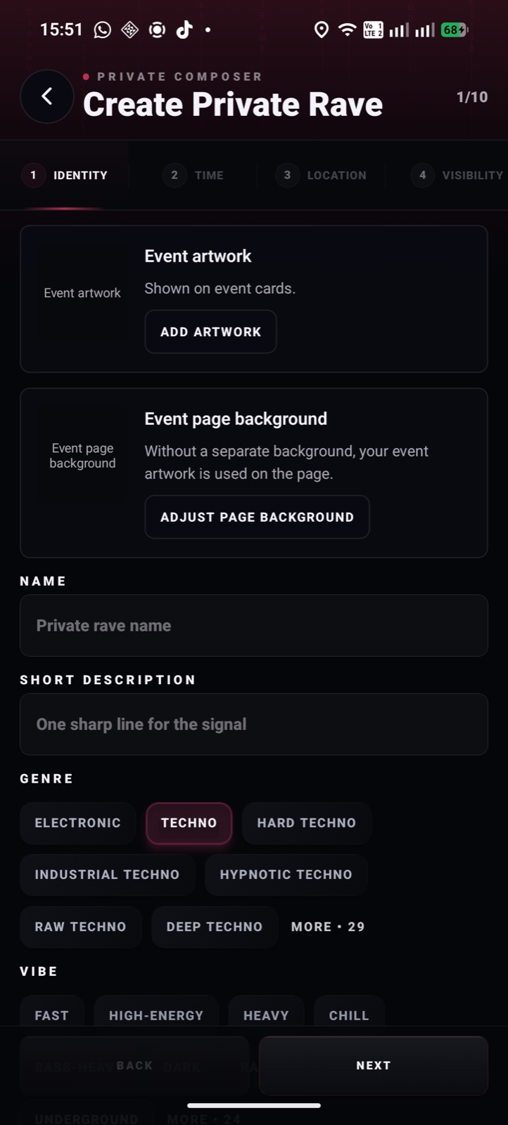 Private Rave creation form without a real location or access code