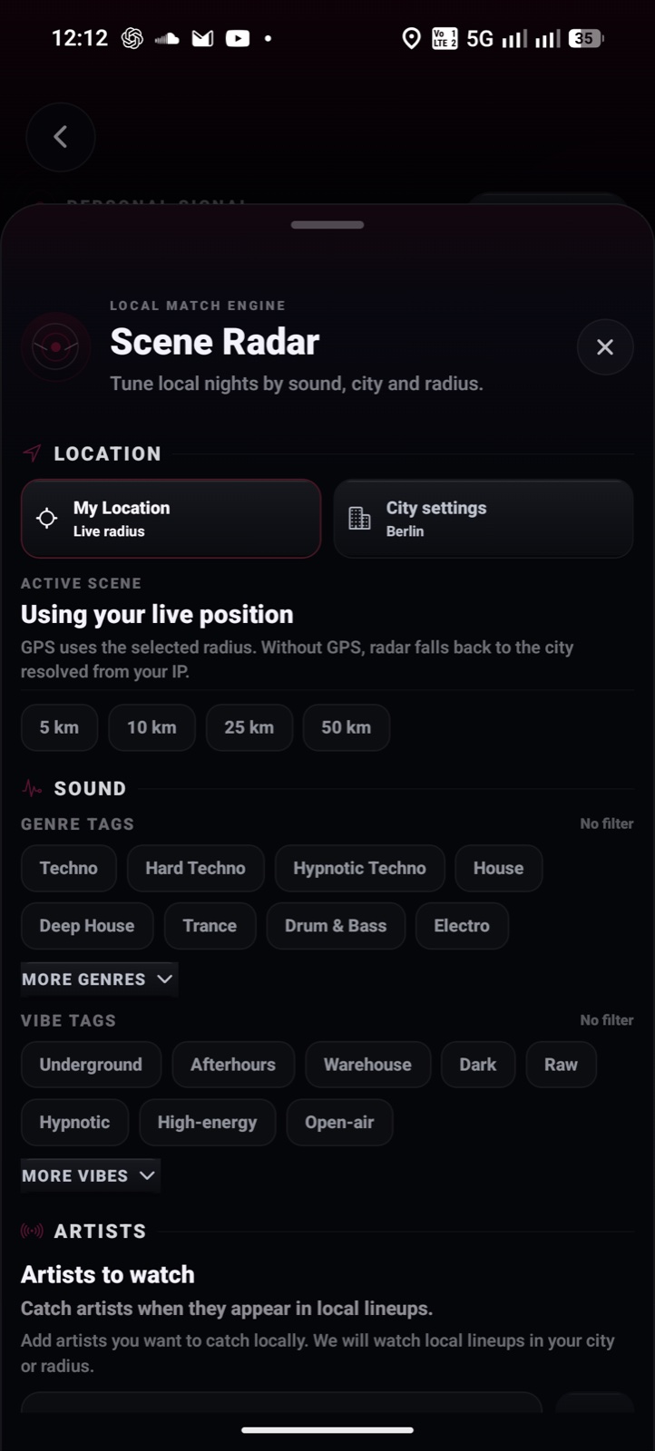 Scene Radar settings for Berlin, music genres and nearby distance
