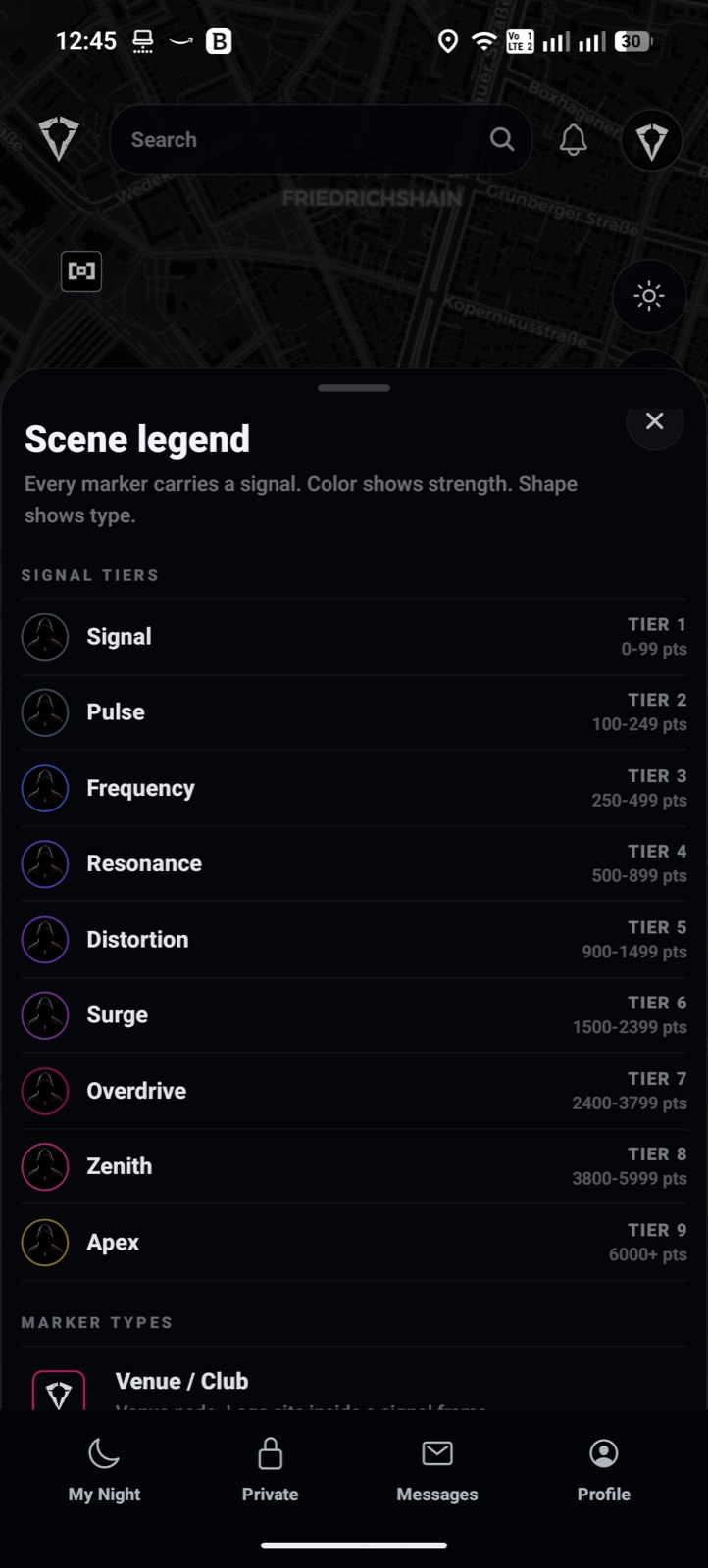 Scene legend showing nine signal tiers, from Signal to Apex