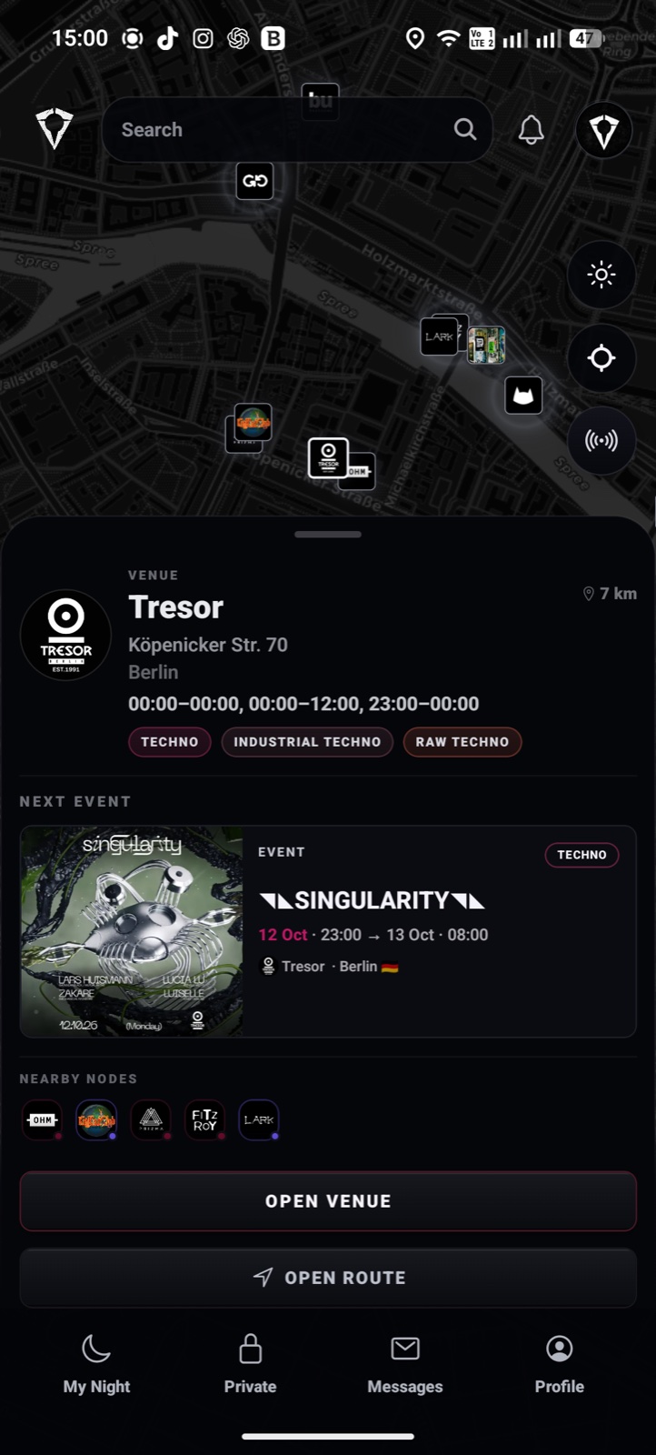 Tresor venue preview with its next event and route action